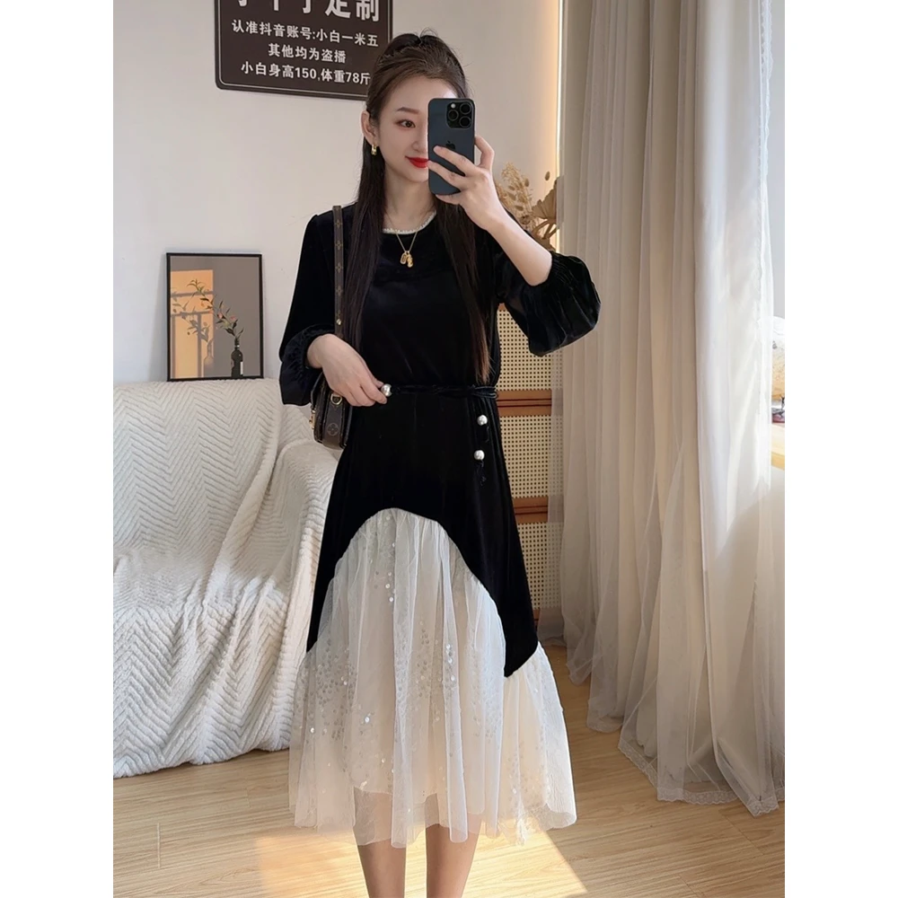 2213小个子定制连衣裙秋冬新款丝绒裙子中长款显瘦气质黑色收腰