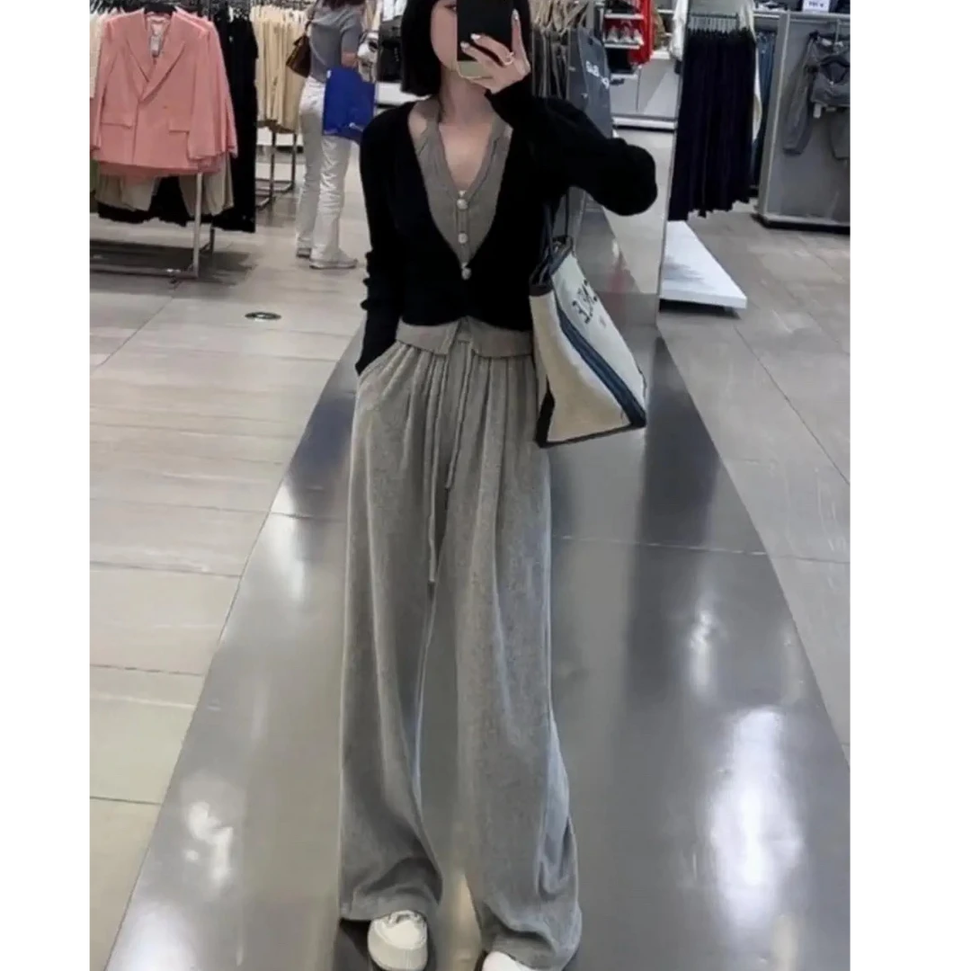 1089洋气减龄休闲套装女秋季新款假两件针织上衣阔腿裤时尚两件套