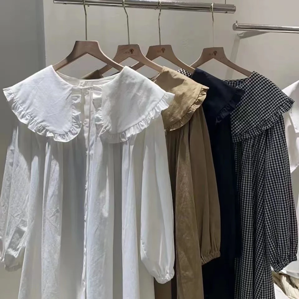 孕妇装胖衬衫女春秋娃娃领衬衫减龄长袖连衣裙大码女装灯笼袖外套