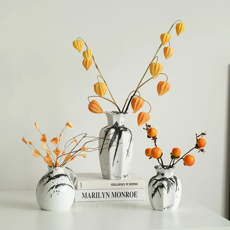 宿雨水墨侘寂风陶瓷装饰干花鲜花客厅插花摆件花瓶玄关高级感花器