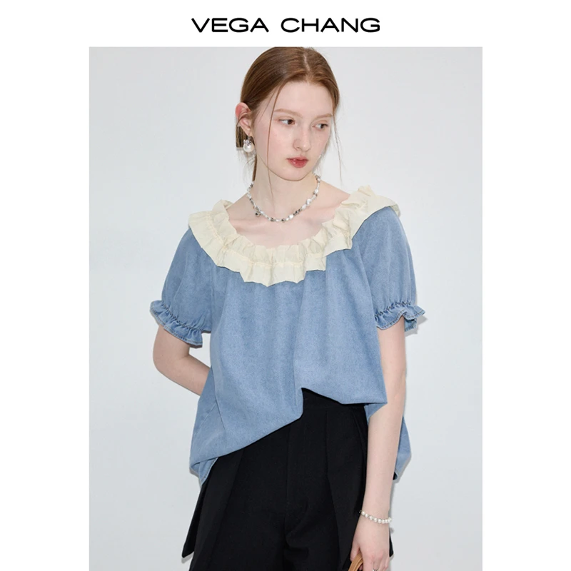 VEGA CHANG牛仔衬衫女2025年夏季新款法式小众宽松荷叶边圆领上衣