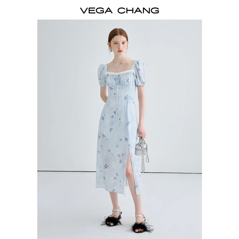 VEGA CHANG法式碎花连衣裙女2024年夏新款显瘦气质高级感茶歇长裙