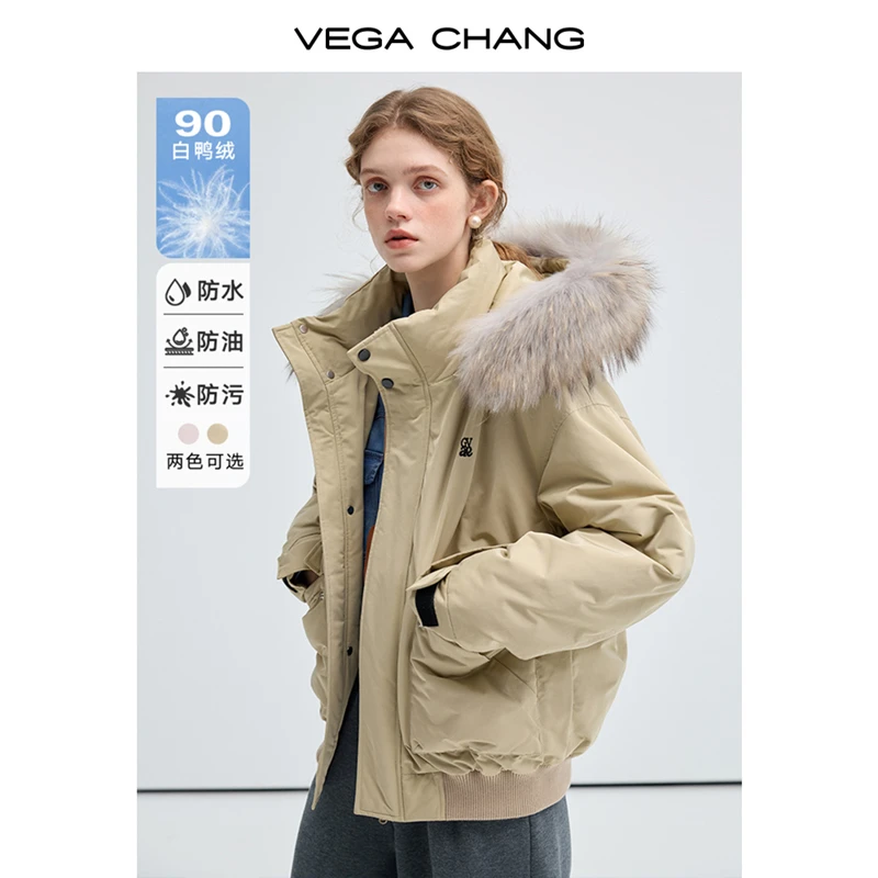 VEGA CHANG2024秋冬新款三防羽绒服貉子毛领韩系休闲保暖羽绒短款