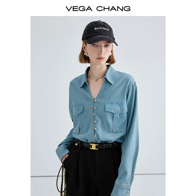 VEGA CHANG24年秋季牛仔体验复古气质V领牛仔设计感NNW2401040722