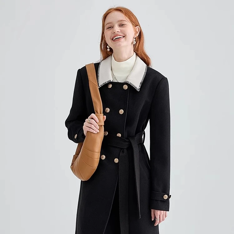 VEGA CHANG赫本风毛呢外套女中长款双排扣小个子大衣