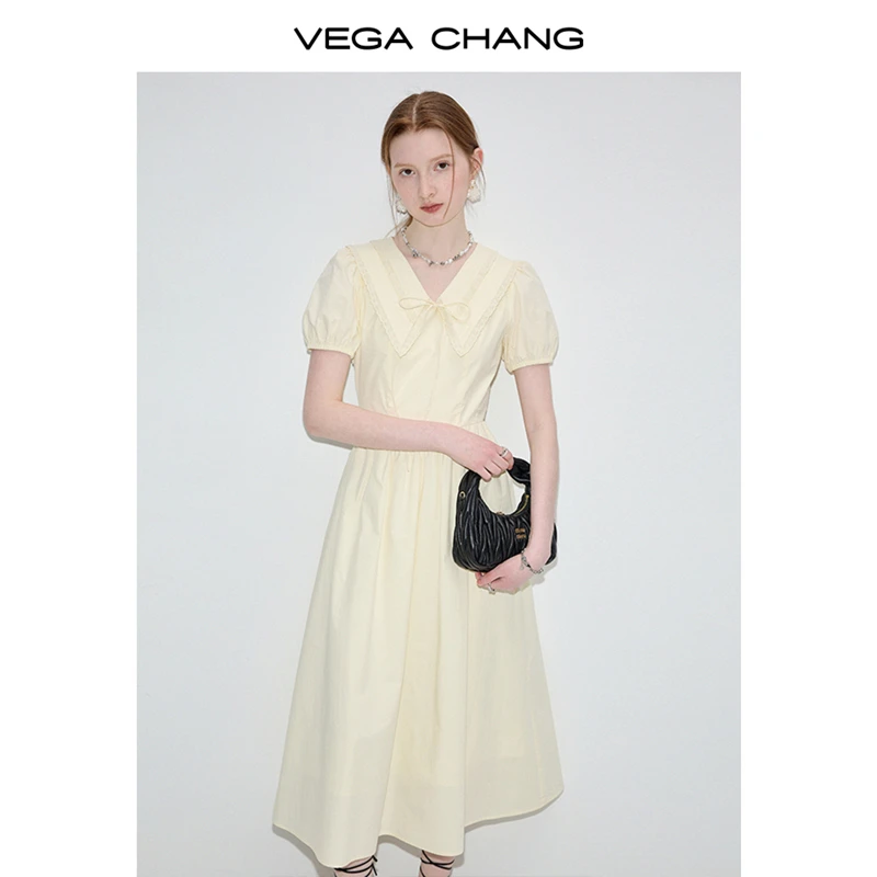 VEGA CHANG泡泡袖连衣裙女2025年夏季新款收腰显瘦法式花边领长裙