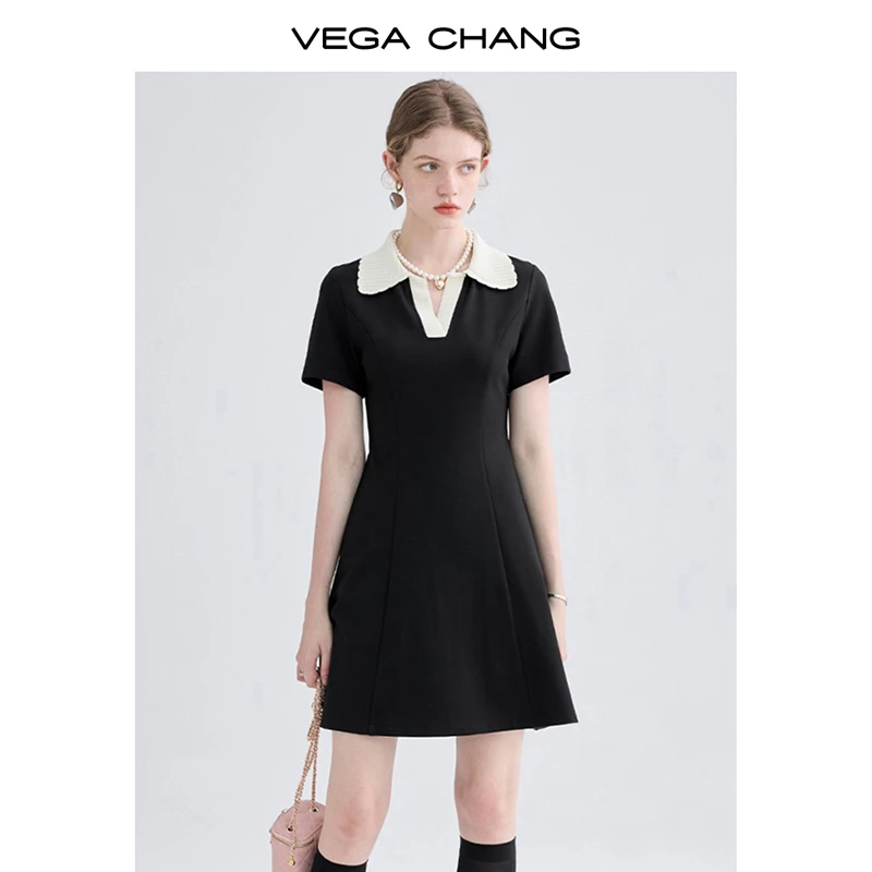 VEGA CHANG连衣裙女夏2025新小个子POLO显瘦小黑裙8180