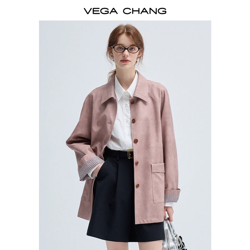 VEGA CHANG粉色皮衣女款2024年新款春秋美式复古中长款外套