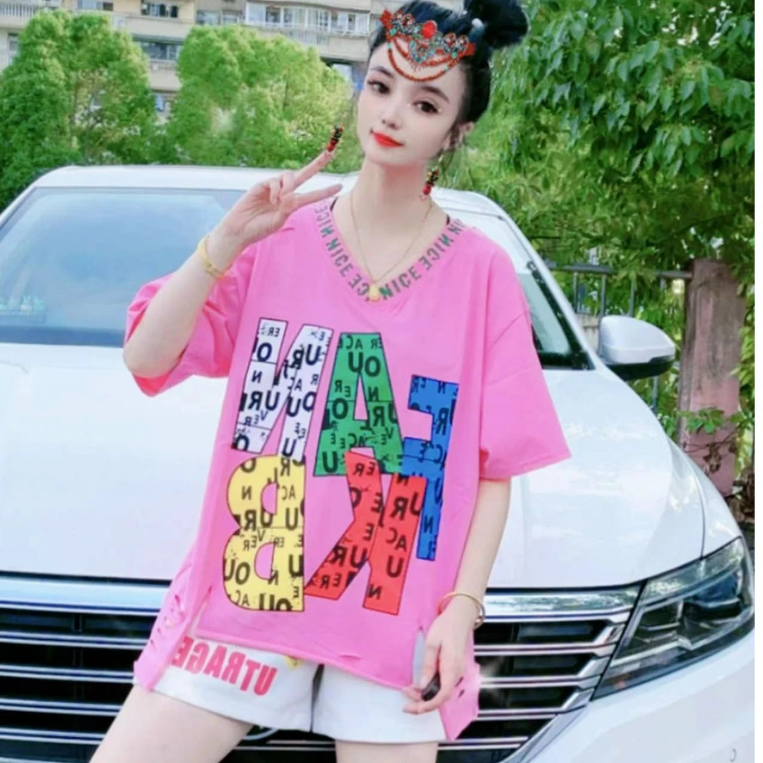 齐小姐鸡心领时尚休闲不规则印花夏季百搭不规则宽松潮流短袖6110