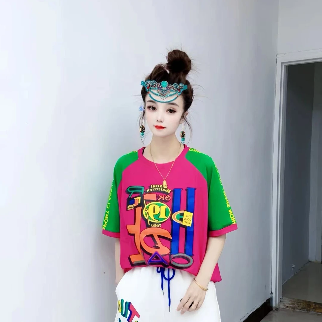 齐小姐女士设计感时尚休闲宽松百搭洋气印花圆领拼接显瘦撞夏短袖