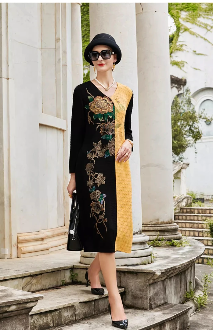 30688中年妈妈春秋裙子显瘦气质洋气连衣裙宽松加肥加大过膝裙子