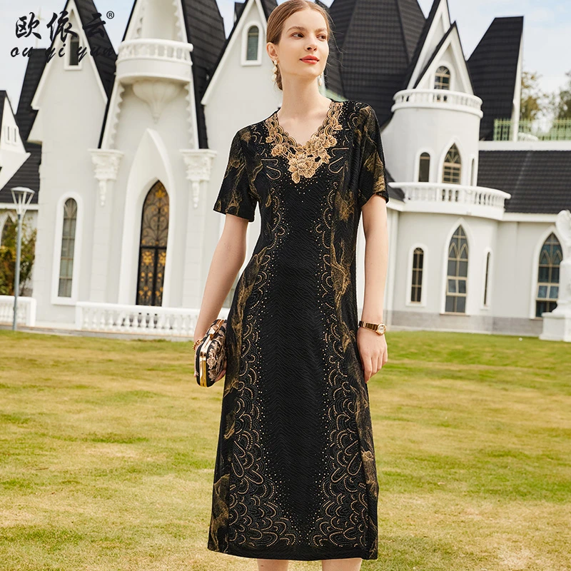 36862中年妈妈夏装连衣裙气质洋气2024新款显瘦收腰大码花色裙子