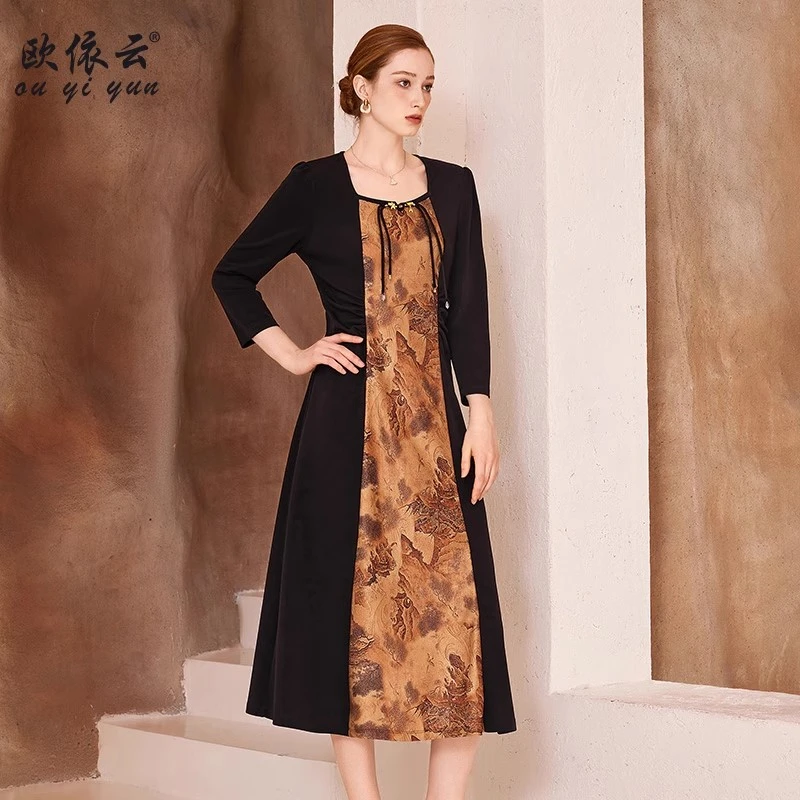 38333中年妈妈秋款过膝裙收腰显瘦气质洋气新中式国风连衣裙大码