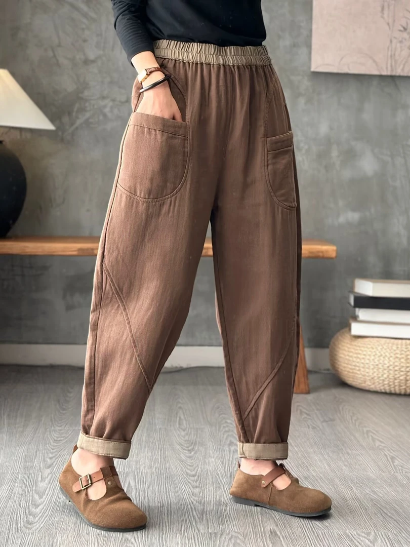 春秋新款宽松大版复古柔软水洗遮肉显瘦高腰松紧腰女士哈伦裤