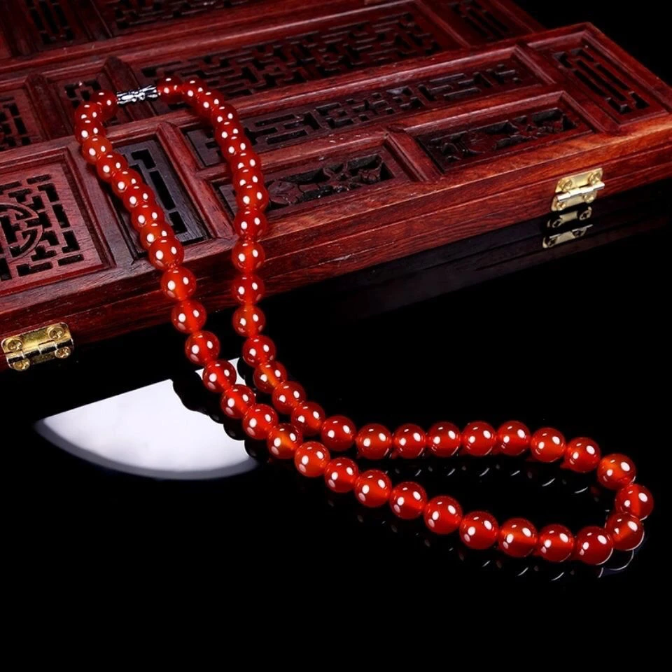 天然红玛瑙圆珠项链女长款项链红玉髓玛瑙佛珠妈妈链颈饰珠链