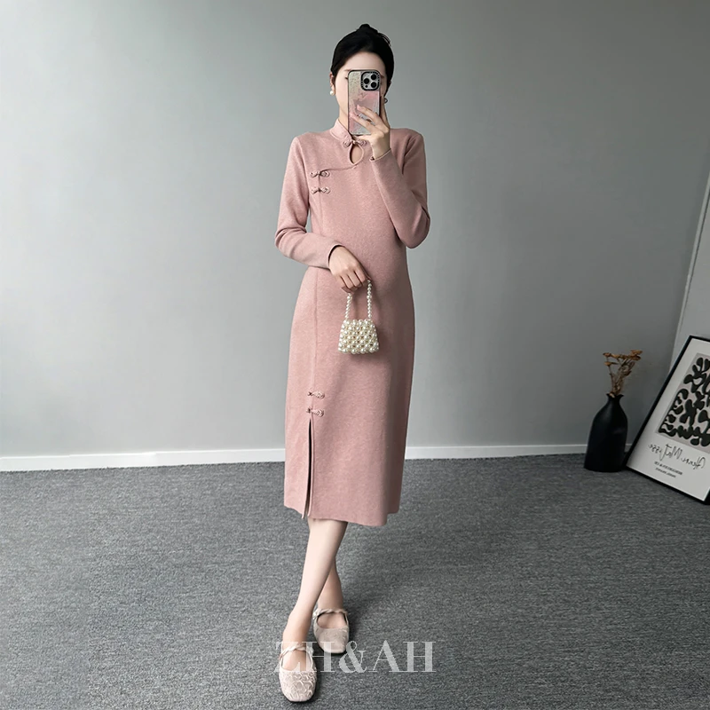 ZH&AH【嫣然】秋季新款时尚气质百搭孕期纤绒纱新中式旗袍毛衣裙