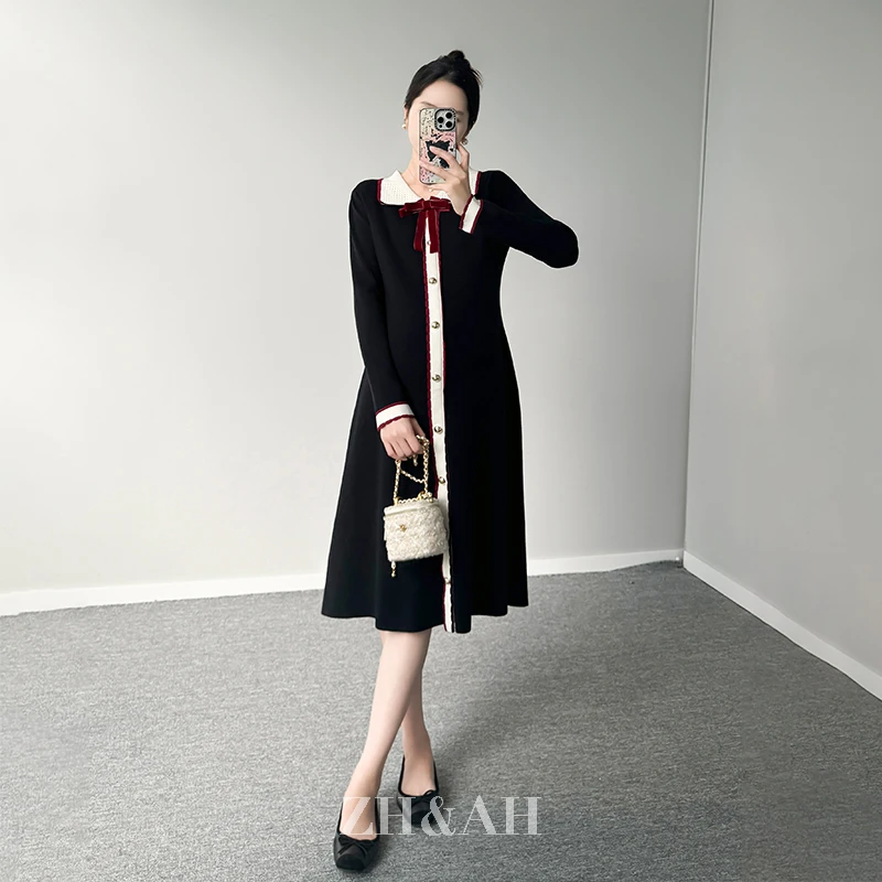 ZH&AH【怦然心动】冬季新款时尚气质百搭孕期蝴蝶结设计毛衣小黑裙