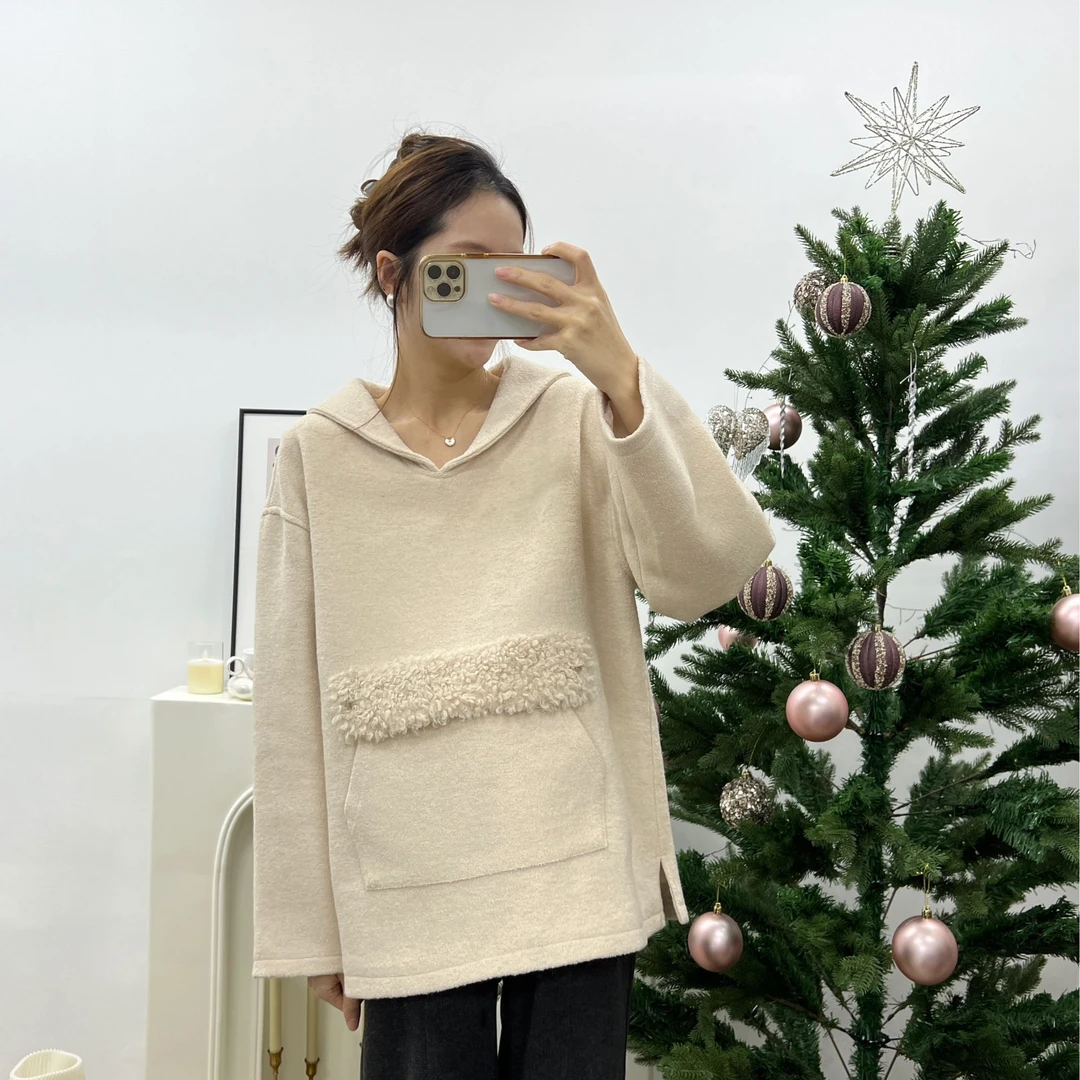 ZH&AH孕期穿搭新款新年系列毛绒绒绵羊毛套头海军翻领卫衣套装