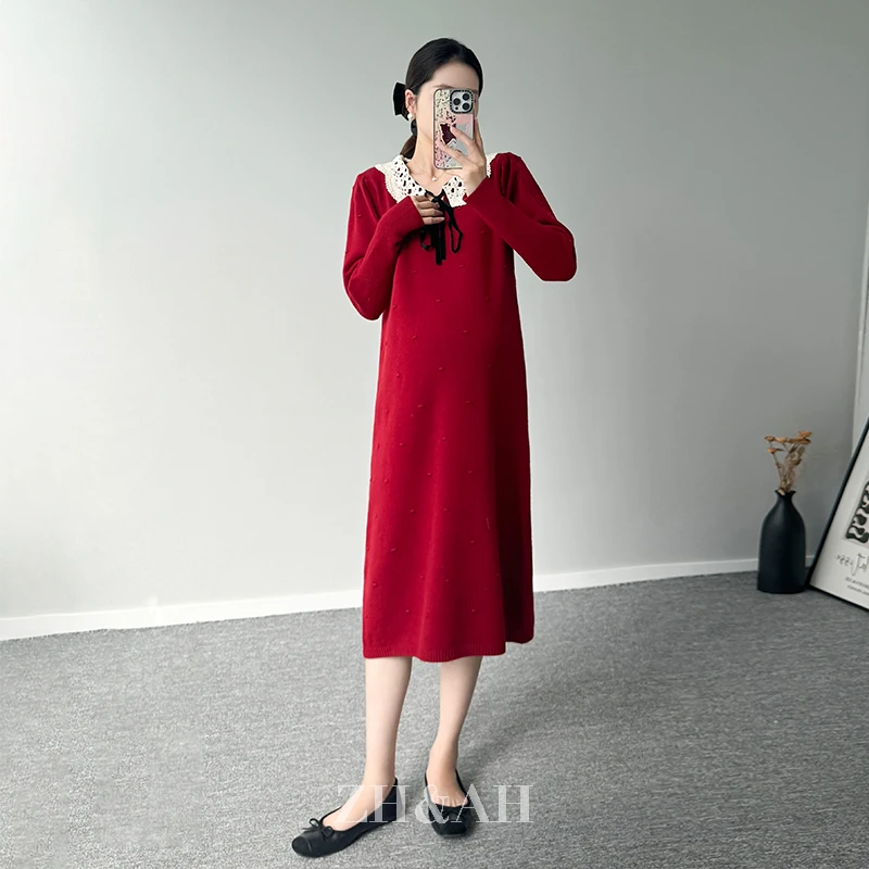 ZH&AH【绒梦】冬季新款时尚气质百搭设计感孕期翻领系带毛衣小红裙