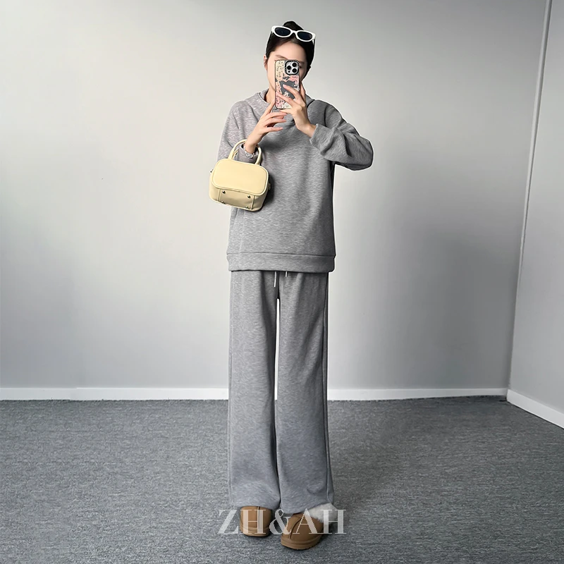 ZH&AH【闲暇时光】冬季新款时尚气质百搭设计感孕期通勤加绒套装裤