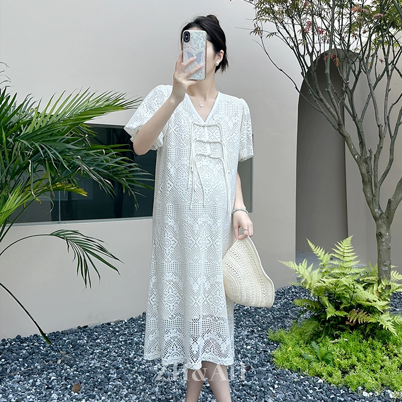 ZH&AH【冰清玉洁】夏季新款时尚气质百搭孕期新中式设计蕾丝公主裙