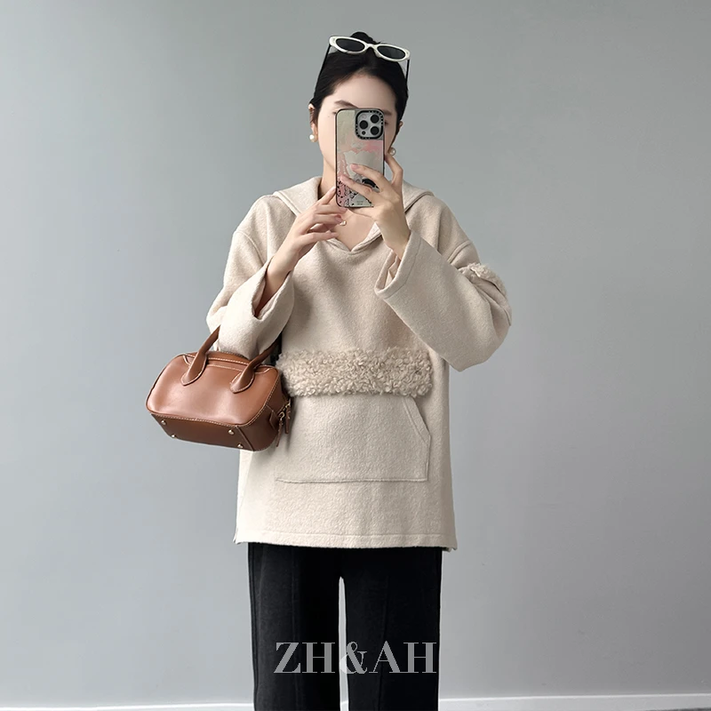 ZH&AH【毛绒绒】冬季新款时尚气质百搭设计感绵羊毛海军翻领卫衣