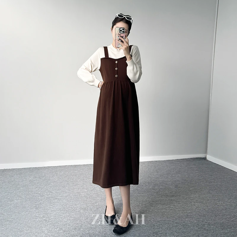 ZH&AH【乌托邦】冬季新款时尚气质百搭假两件绵羊毛混纺毛衣背带裙