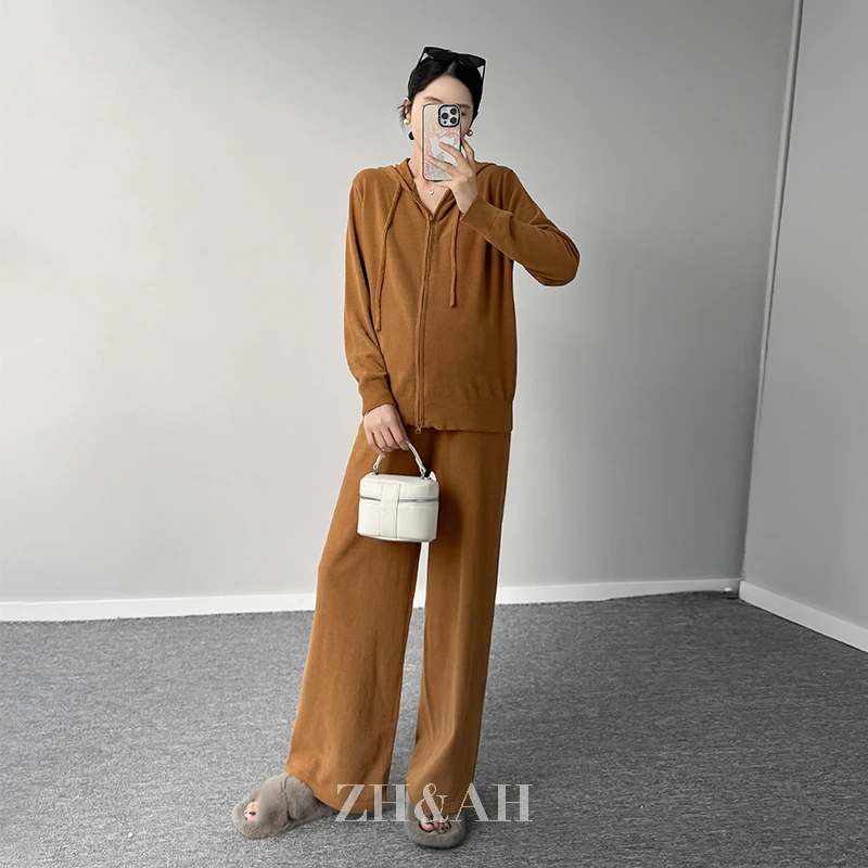 ZH&AH【焦糖拿铁】秋季新款时尚气质百搭设计师款小呢绒连帽套装裤