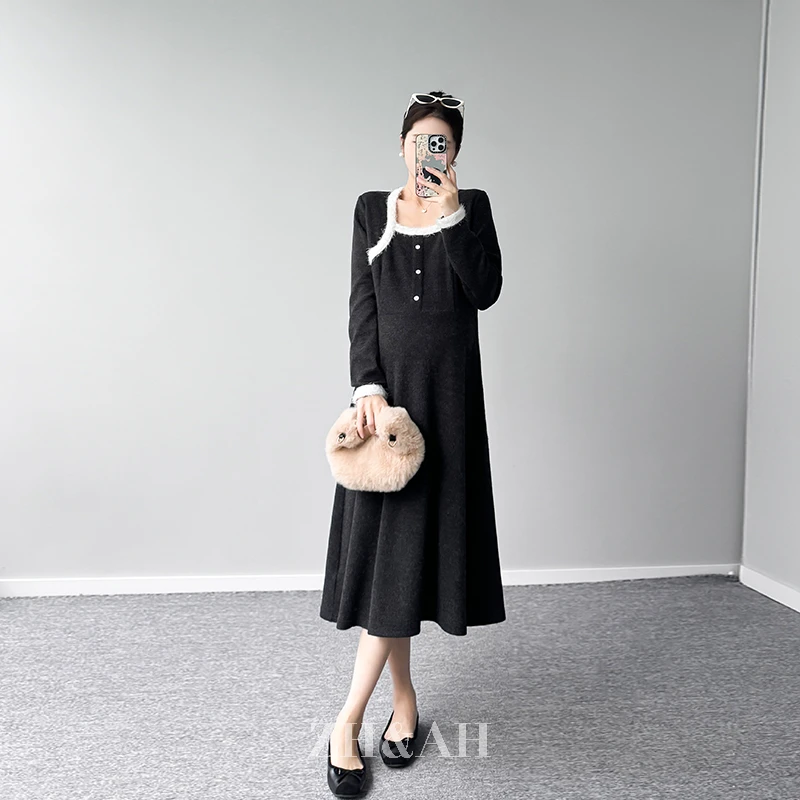 ZH&AH【绒绒领】冬季新款时尚气质百搭设计毛绒感显瘦孕期连衣裙