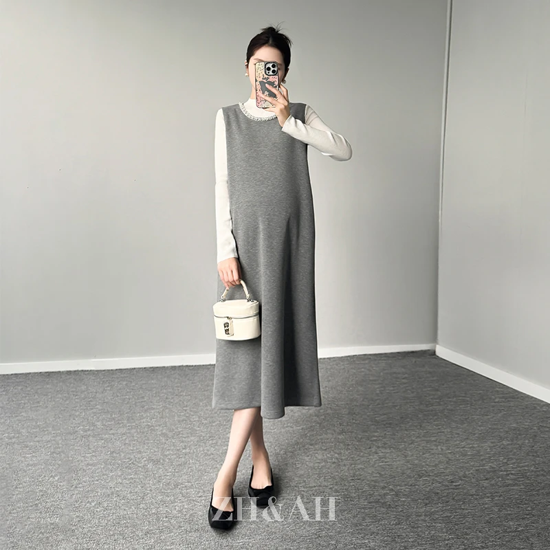 ZH&AH【一水月光】冬季新款气质百搭醋酸绵羊毛珍珠领两色背心长裙