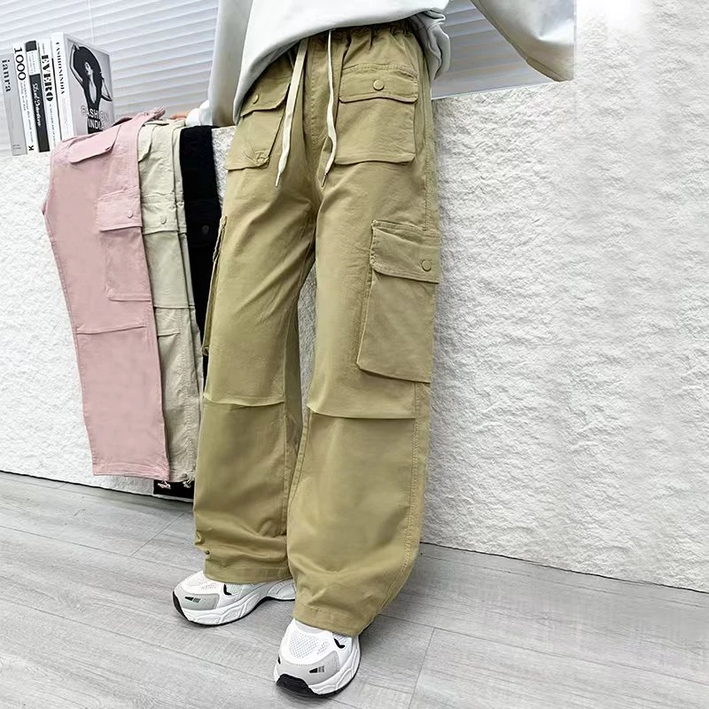 新款工装多口袋直筒抽绳一裤两穿宽松时尚显瘦百搭阔腿休闲裤