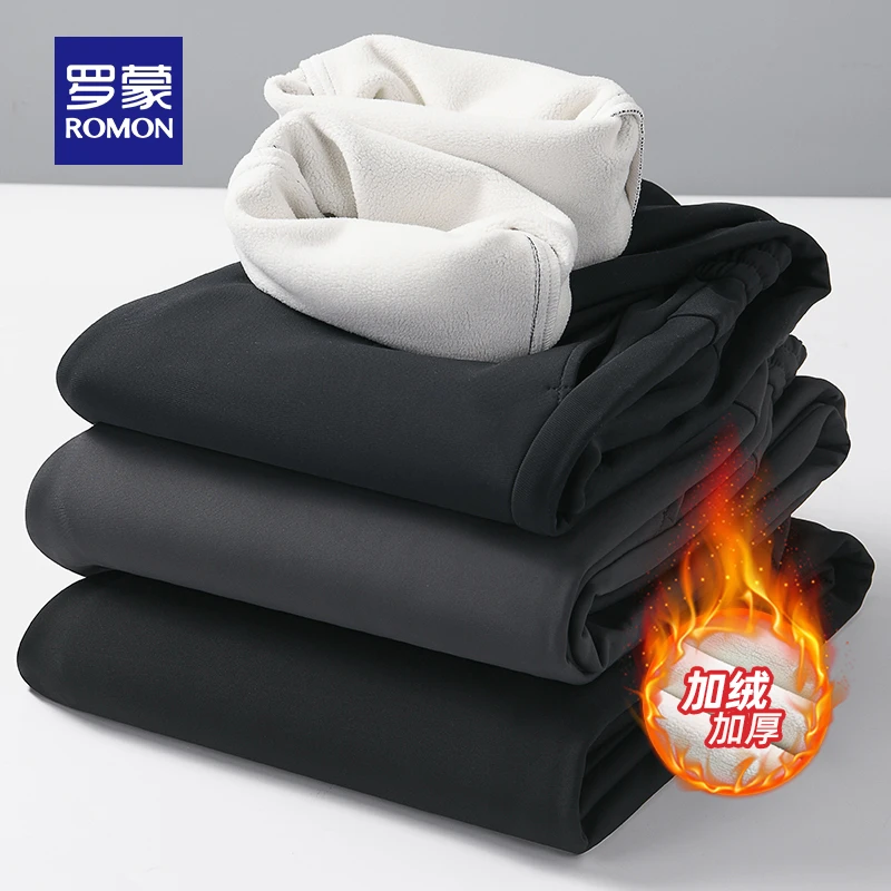 【加绒弹力裤】罗蒙男加厚休闲裤2025新款松紧腰高弹直筒长裤拼款