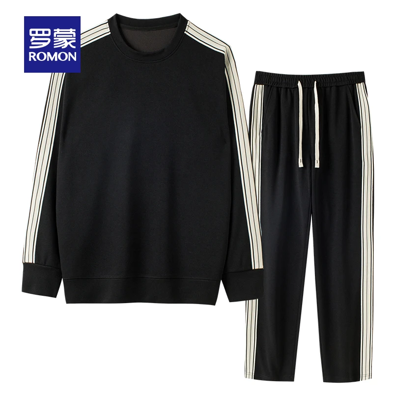 罗蒙男士休闲舒适松紧腰卫衣套装2023秋季新款条纹弹力运动两件套