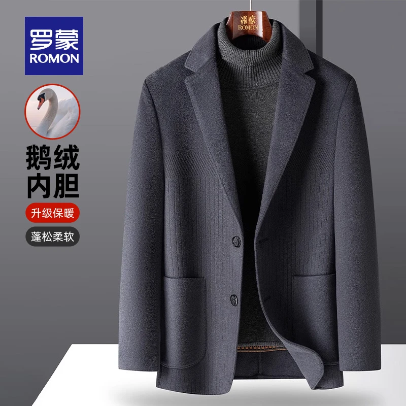 【含羊毛+鹅绒内胆】罗蒙男士双面呢西服2023秋冬新款厚款西装男
