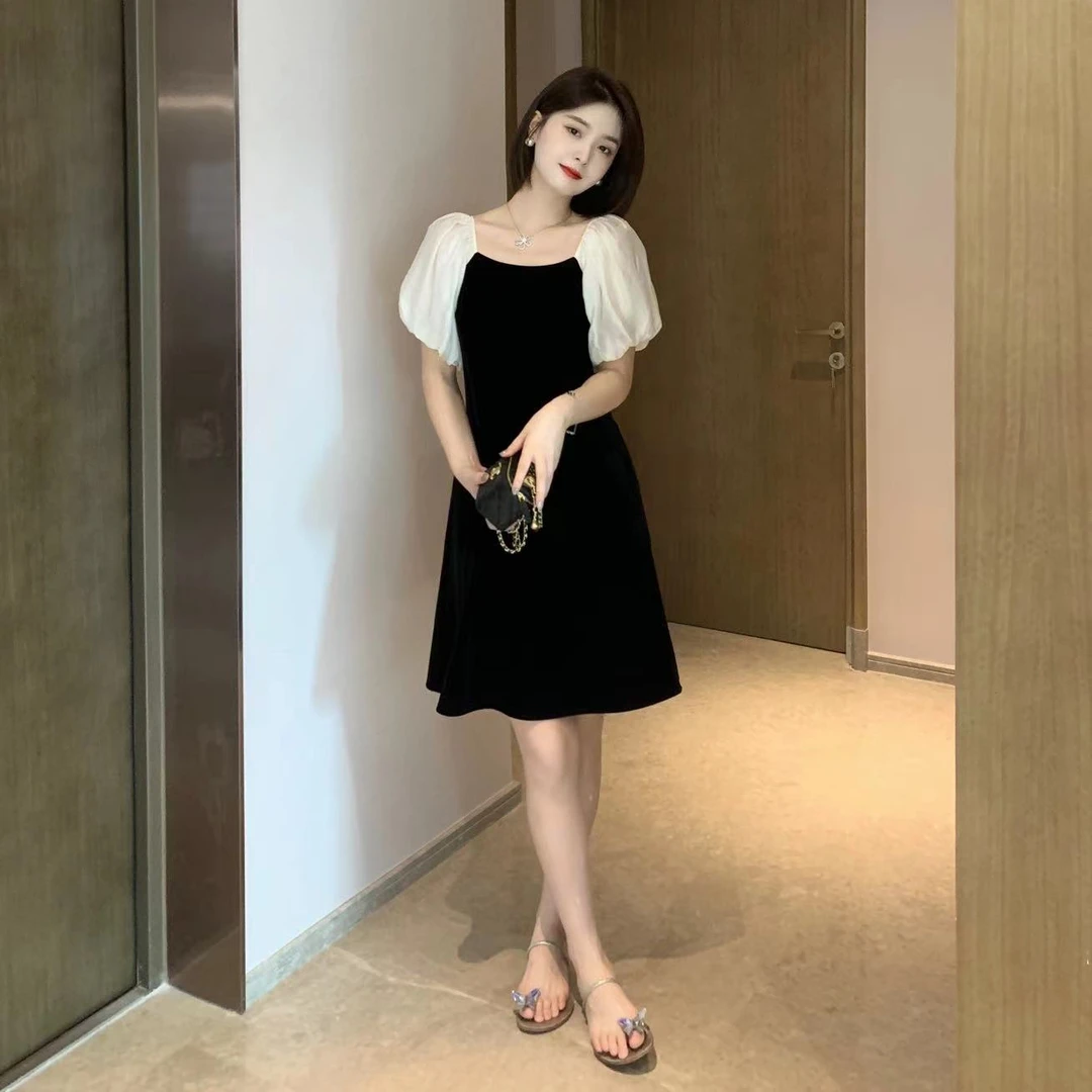 LUOZHIYIN/罗知音D17336Z夏季拼色短袖连衣裙气质显瘦百搭裙