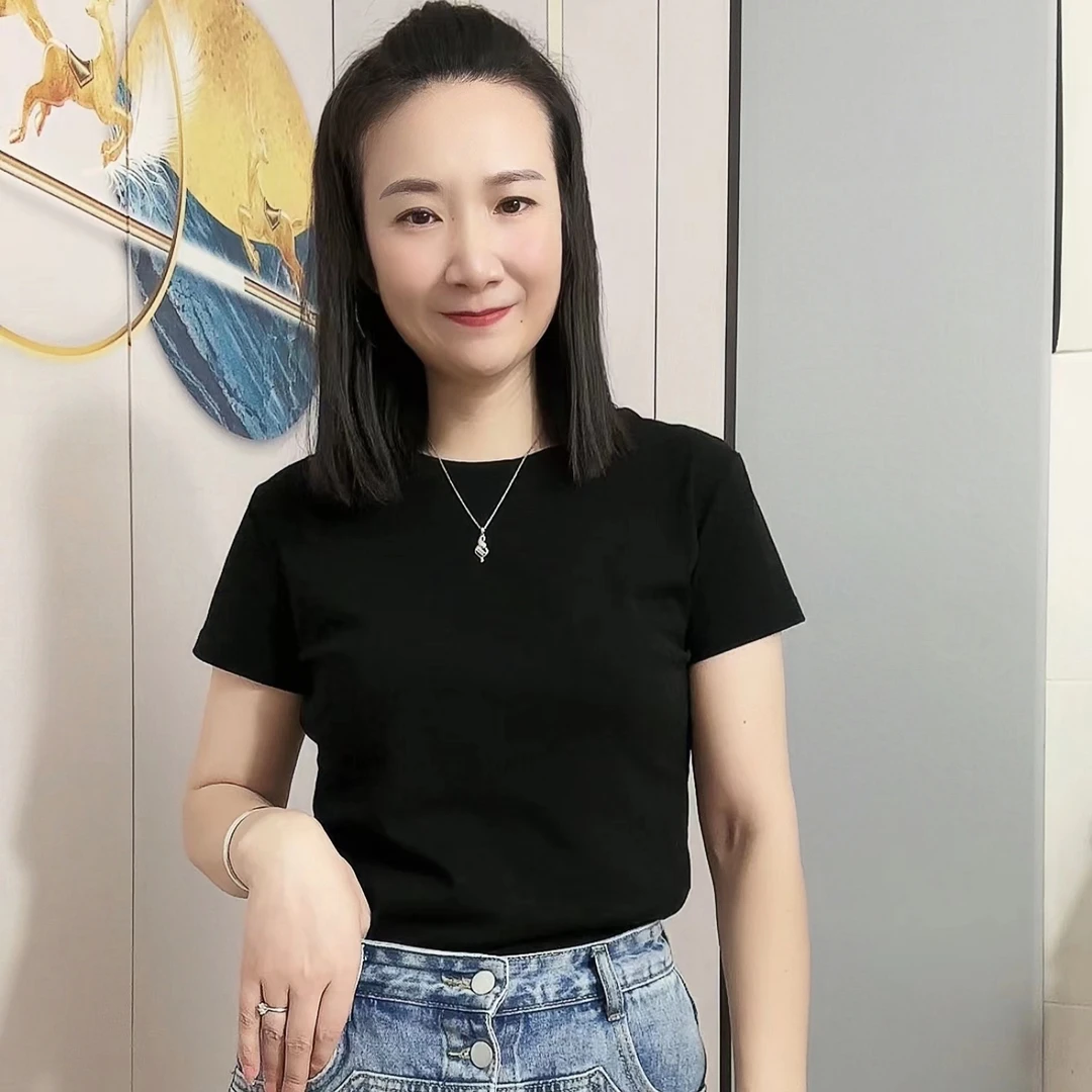 短袖t恤女夏季新款2023圆领纯色修身显瘦遮肚子时尚百搭打底上衣