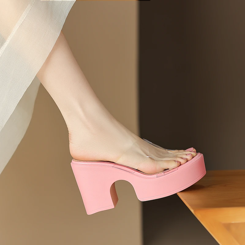 9cm厚底高跟透明拖鞋粗跟凉鞋夏季外穿时尚百搭一字露趾松糕底