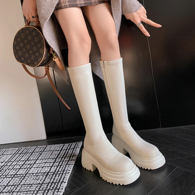 8CM/小个子增高弹力靴2023冬季新款松糕鞋厚底过膝防水台骑士靴