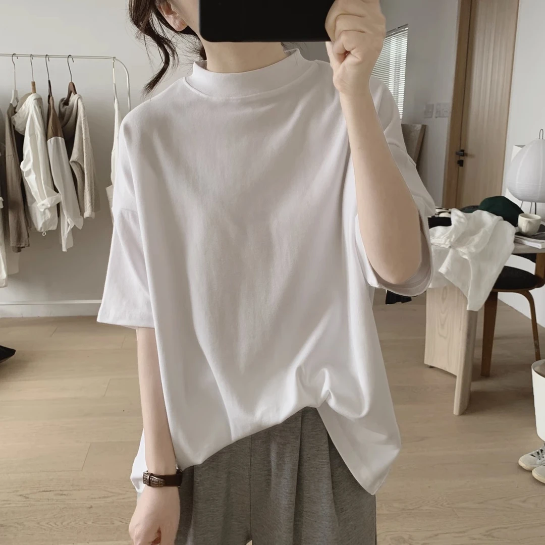 半高领t恤女式春夏季新款宽松显瘦韩版简约半袖减龄棉质基础上衣