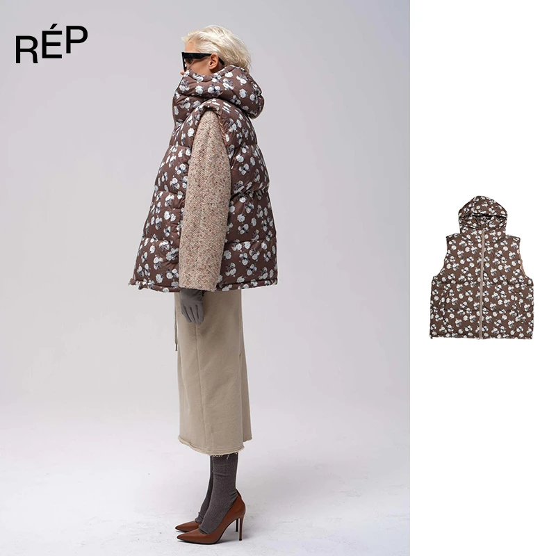 COEMES设计师品牌棕色印花连帽羽绒马甲24PF NOV PACKAGE时髦穿搭