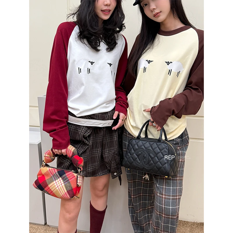 Puzzle piece设计师品牌棕黄/红白拼色黑面羊印花长袖T 25PS新款