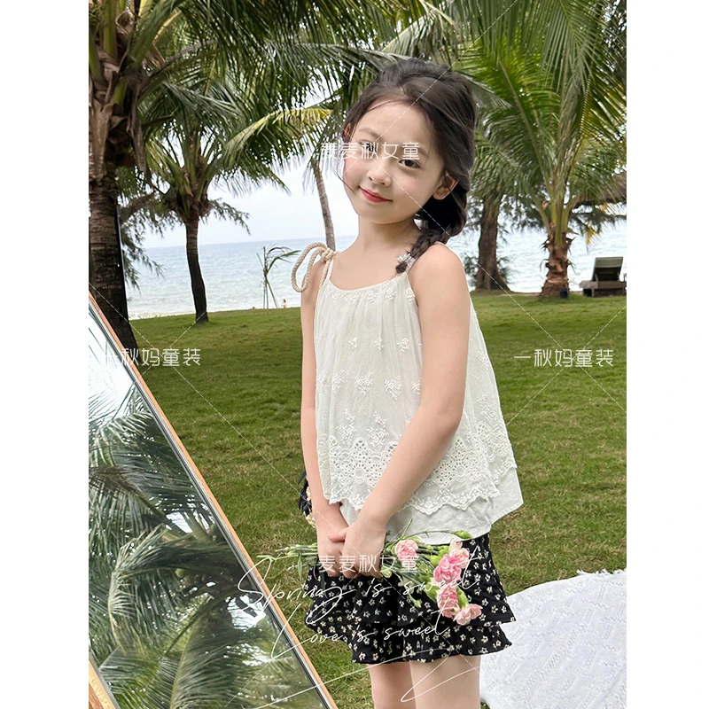 麦麦秋【现货-蕾丝吊带娃娃衫韩版+100棉吸汗透气】女童夏季蕾丝