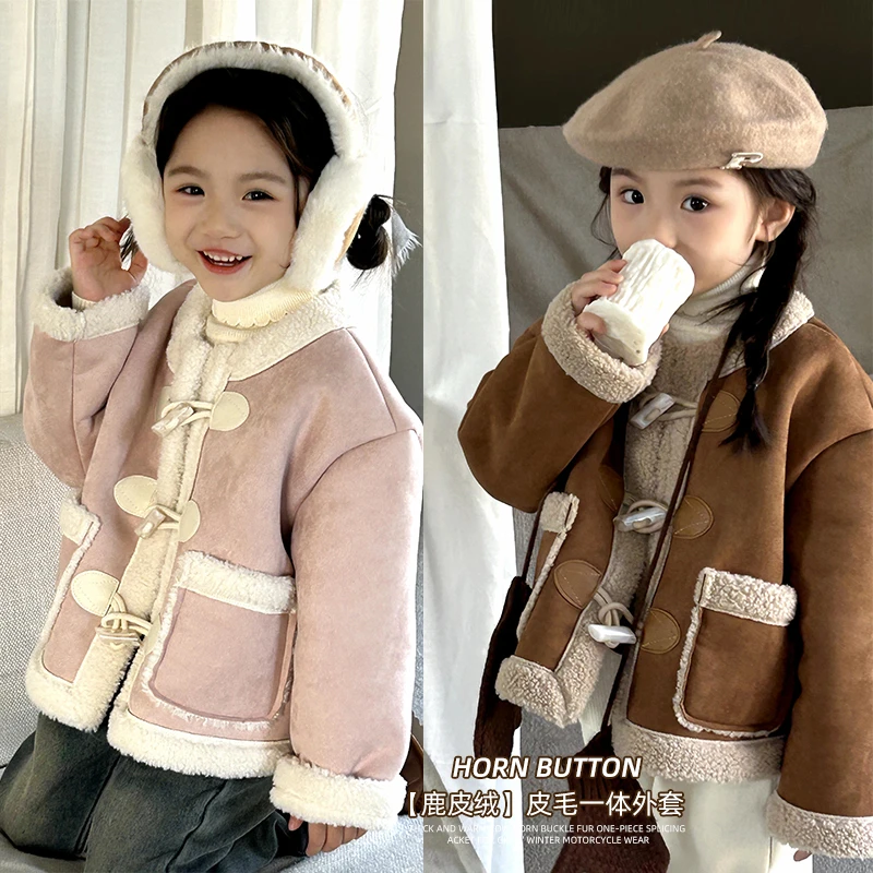 【一秋自留】【眷恋一刻】加厚牛角扣皮毛一体拼接女童冬DA242178