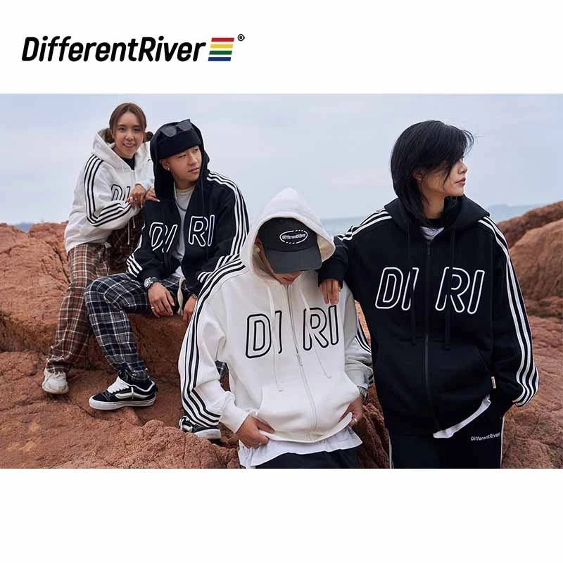 DifferentRiver秋冬【派对】基础款-拉条刺绣连帽抓绒宽松卫衣
