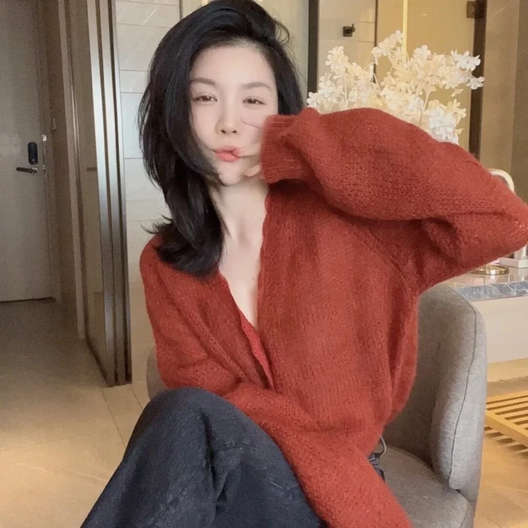 专属●时尚V领蕾丝拼接-毛开衫S