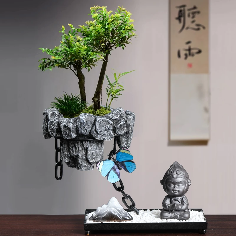 铁艺花盆悬浮式摆件铁链悬挂式家用客厅桌面文竹多肉花盆造景盆栽