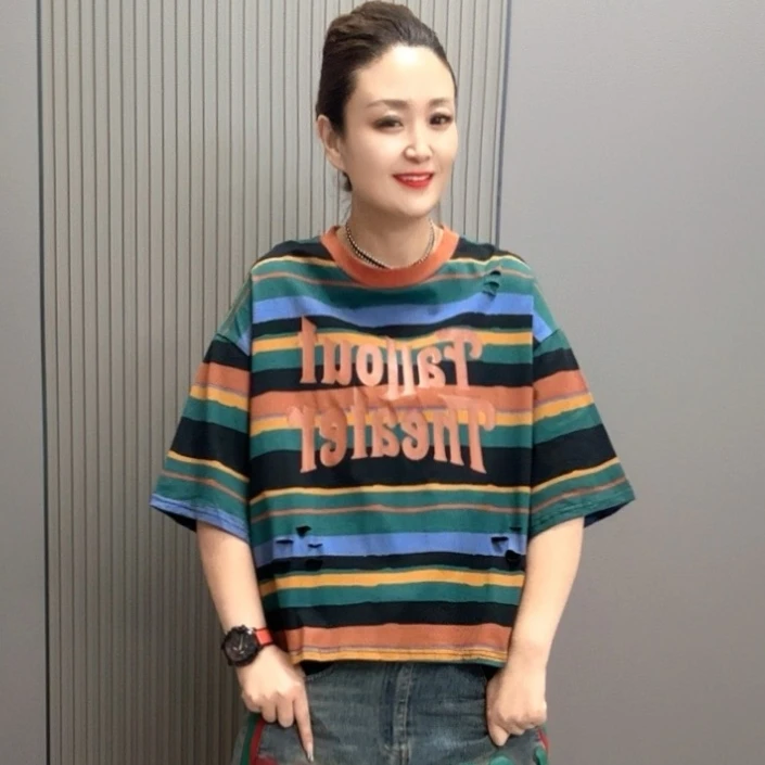 欧货时尚宽松休闲条纹短袖 66091