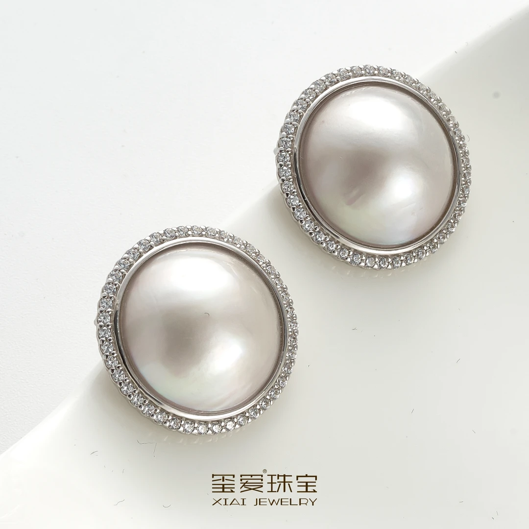XIAI/玺爱【TY-35021】天然珍珠气质经典 白色马贝珠耳钉18-19mm