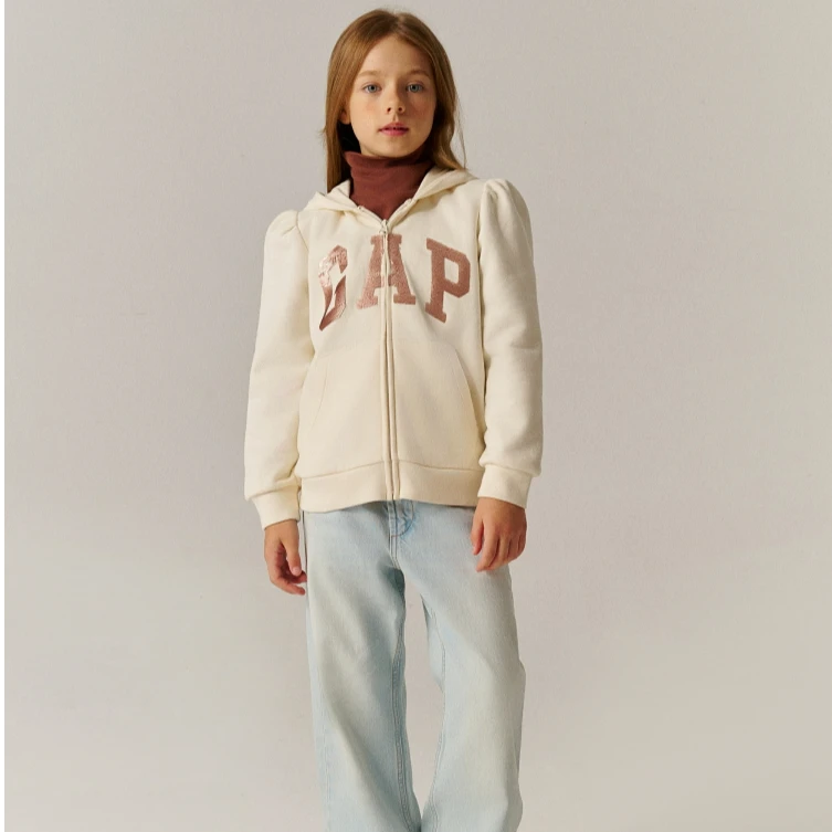 Gap女童2024秋季新款双面亮片logo连帽抓绒卫衣儿童装外套641356