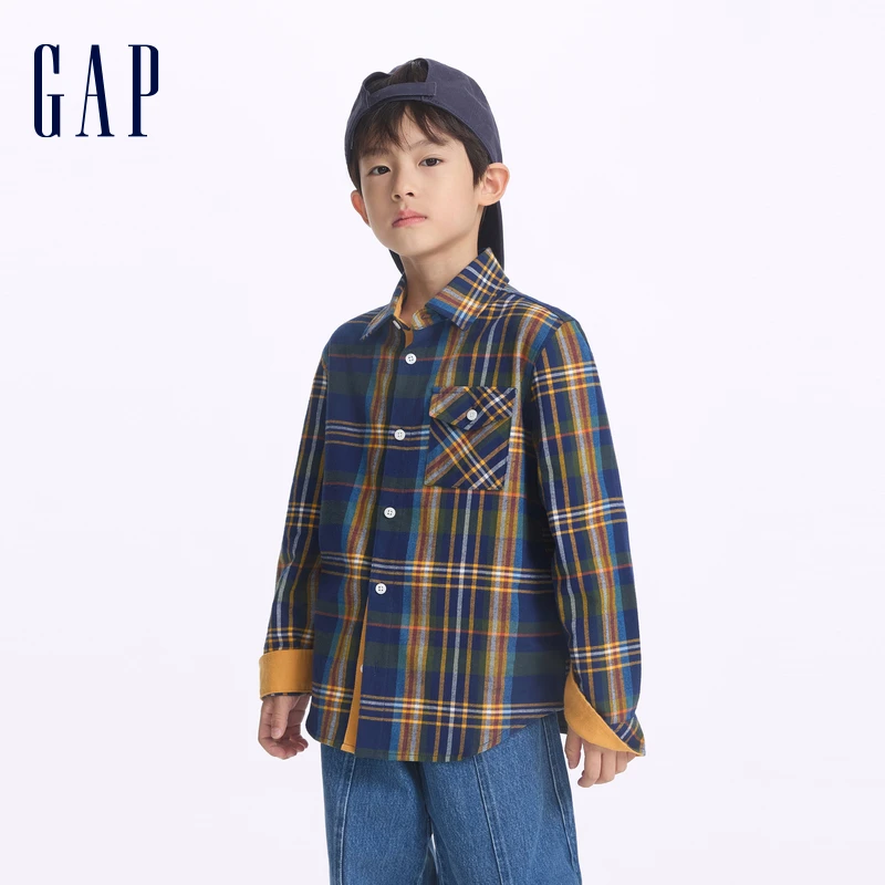 【亲子装】Gap男童2024秋季新款纯棉格纹法兰绒衬衫623610